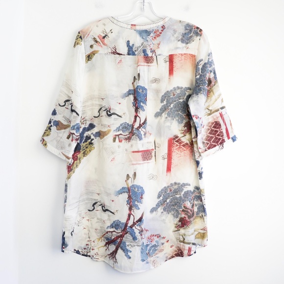 Lilibleu light linen cotton Japanese art print top - Picture 2 of 9